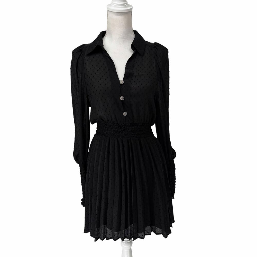 Zara Black Chiffon Swiss Dot Smocked Detail Mini Dress Small